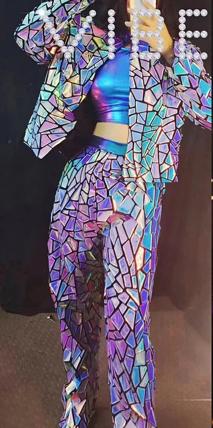 Purple Blue Laser Mirror Sequin Top Vest Dress/Pant 3pcs