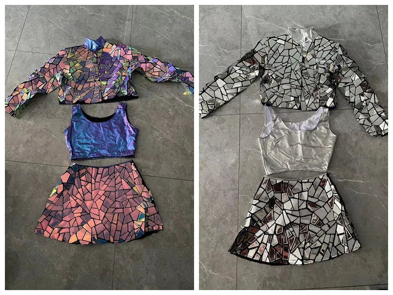 Purple Blue Laser Mirror Sequin Top Vest Dress/Pant 3pcs