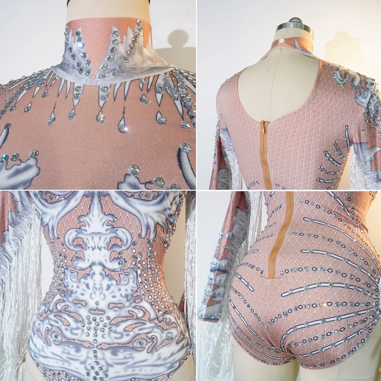 Women bodysuits white Tassel Dance Outfit Shiny crystal long fringes Show Wear Performances Birthday party prom leotard