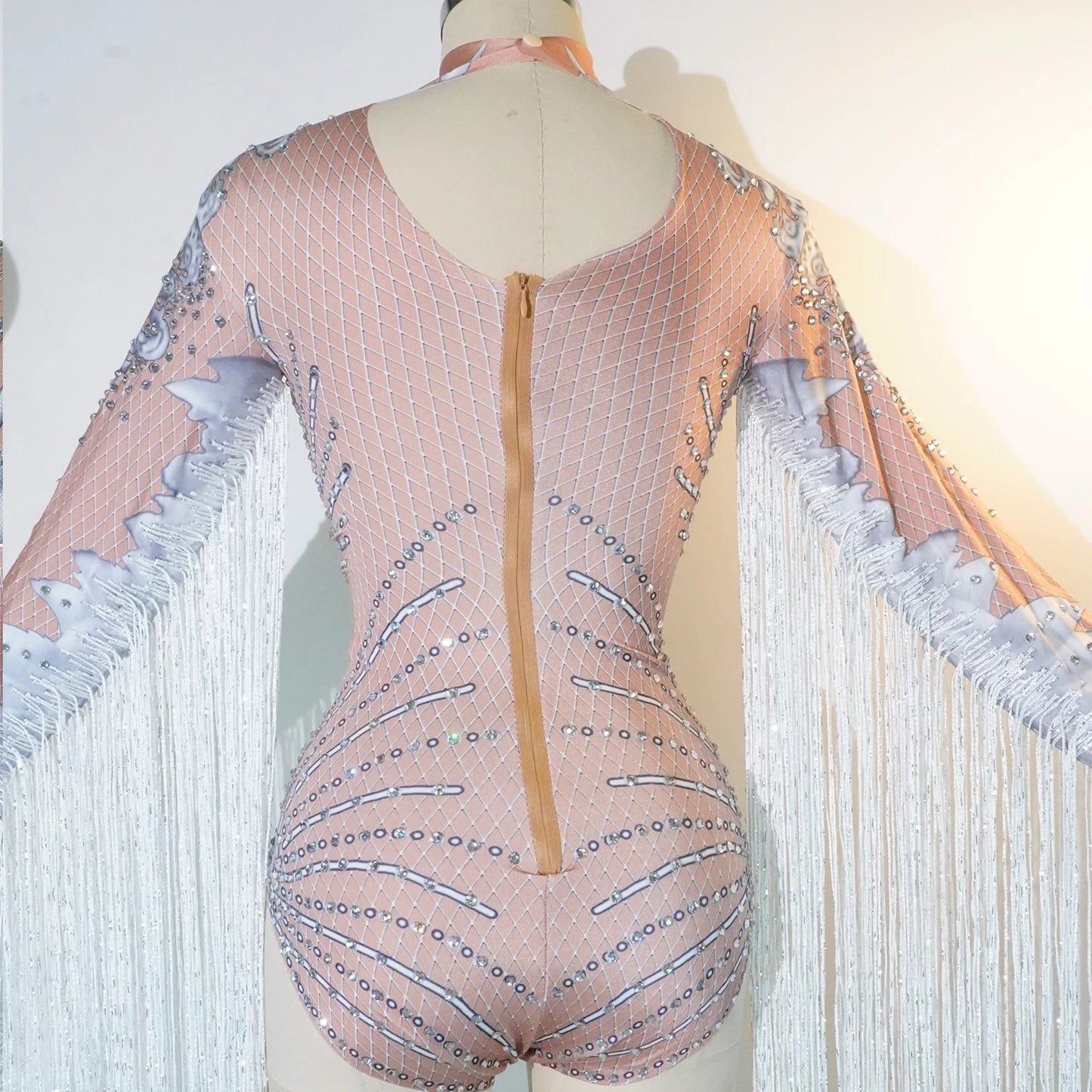 Women bodysuits white Tassel Dance Outfit Shiny crystal long fringes Show Wear Performances Birthday party prom leotard