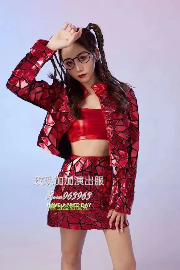 Purple Blue Laser Mirror Sequin Top Vest Dress/Pant 3pcs