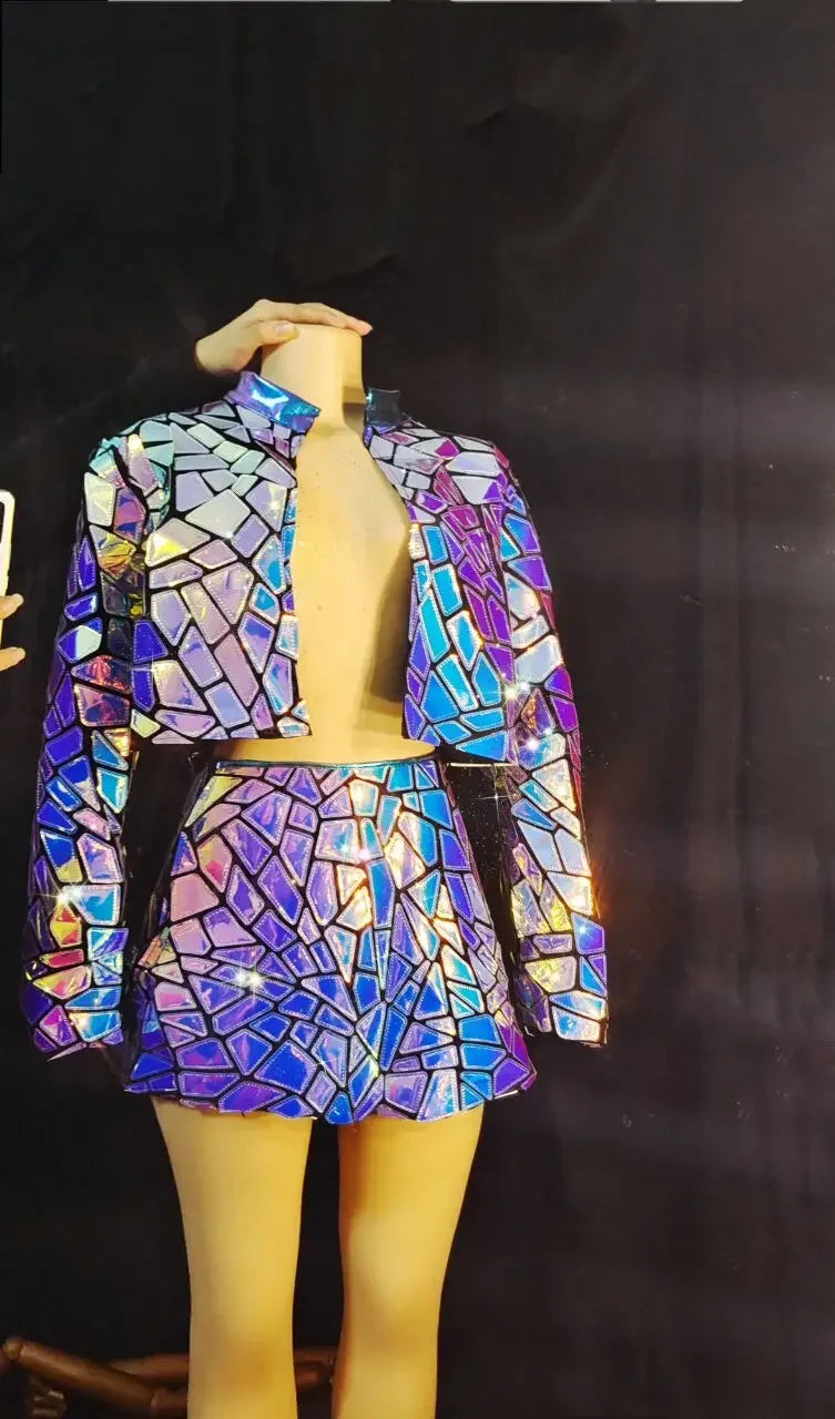 Purple Blue Laser Mirror Sequin Top Vest Dress/Pant 3pcs