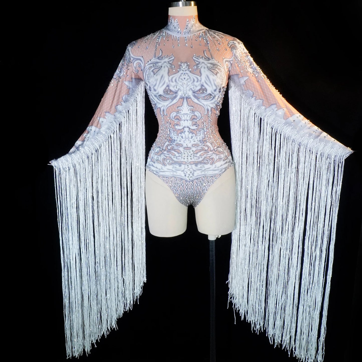 Women bodysuits white Tassel Dance Outfit Shiny crystal long fringes Show Wear Performances Birthday party prom leotard