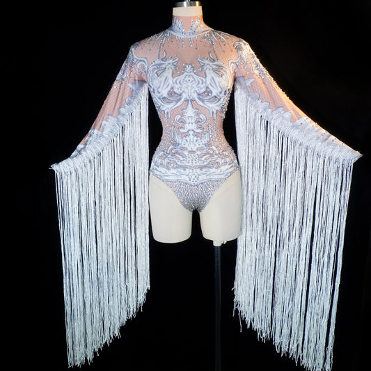 Women bodysuits white Tassel Dance Outfit Shiny crystal long fringes Show Wear Performances Birthday party prom leotard
